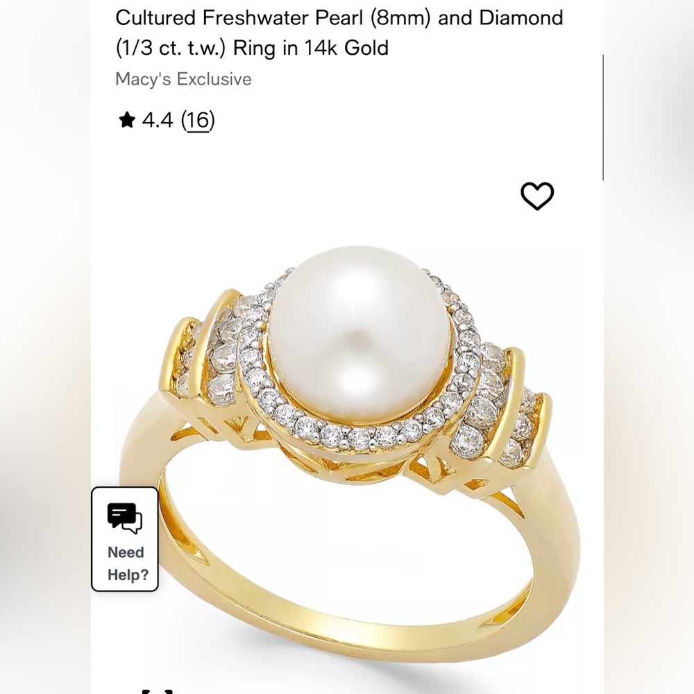 14K Gold Elegant Pearl and Diamond Ring